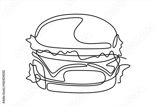 Continuous one line drawing of burger. Single line drawing of hamburger . Silhouette of fast food restaurant burger with cheese, cutlet and salad. Modern design street food logo, banner