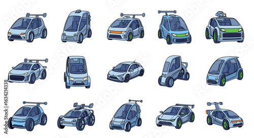 Collection of fifteen cartoonish futuristic cars in various styles and colors on a white background