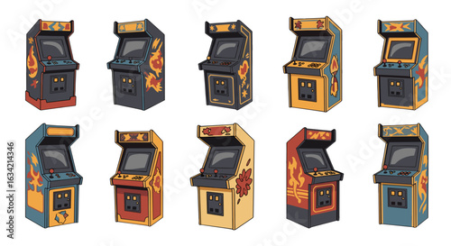 Illustration of ten vintage arcade game machines with various designs and color schemes displayed in a row