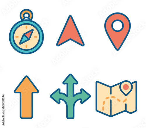 Colorful Navigation Symbols. Flat vector mini-illustrations Navigation and direction symbols in colors