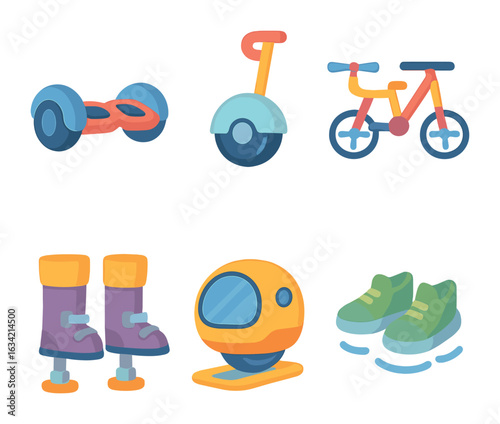 Futuristic Transport Gadgets. Flat vector mini-illustrations Personal transport gadgets in colors children's