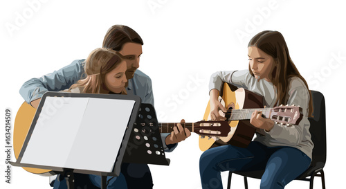 Father teaching his daughters how to play guitar with music stand in a bright and well lit room setting