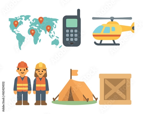 Disaster Response Icons. Flat vector mini-illustrations Disaster response coordination in colors children's