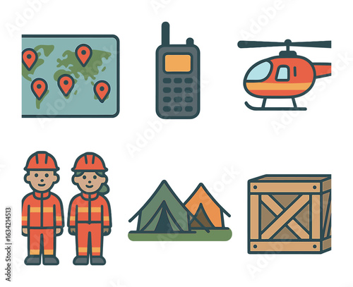Disaster Response Icons. Flat vector mini-illustrations Disaster response coordination in colors children's