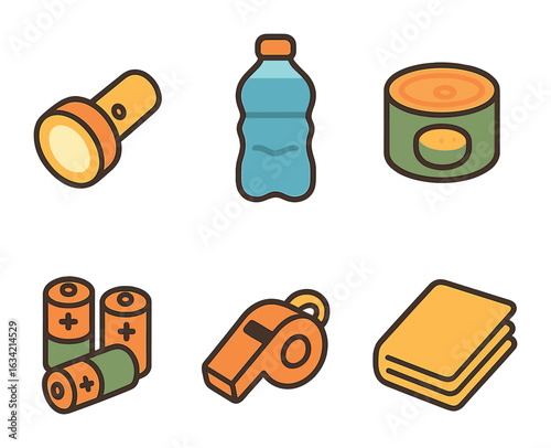 Kids' Emergency Kit Icons. Flat vector mini-illustrations Emergency supply kit in colors children's