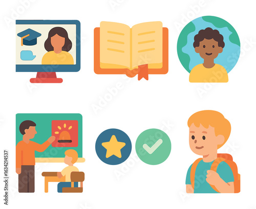 Children's Global Education Icons. Flat vector mini-illustrations Global education for preparedness in colors