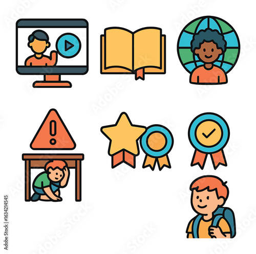 Children's Global Education Icons. Flat vector mini-illustrations Global education for preparedness in colors