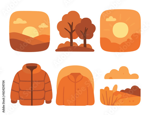 Autumn Sunset Icons. Flat vector mini-illustrations Sunset photo moments in fall in colors children's