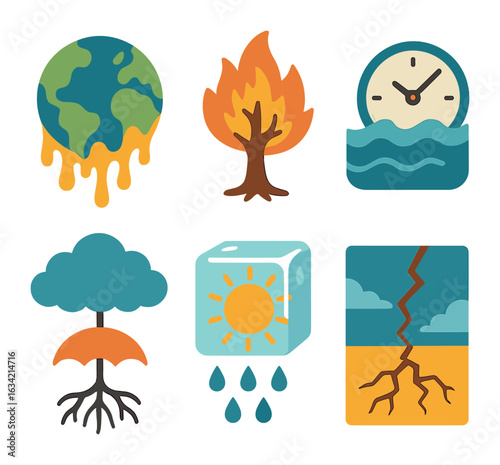 Surreal Climate Icons. Flat vector mini-illustrations Climate change visualizations in surreal art in colors