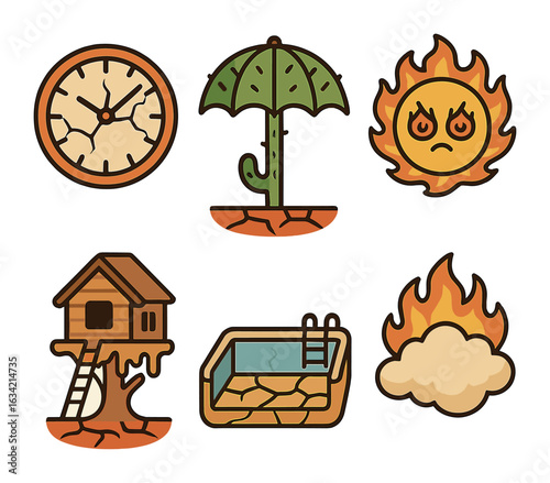 Surreal Drought Icons. Flat vector mini-illustrations Drought and heatwaves in surreal art in colors