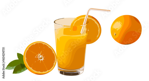 A glass of orange juice with a straw and an orange slice with a half orange and leaves beside it