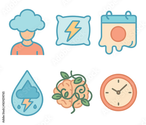 Dreamlike Climate Icons. Flat vector mini-illustrations Climate anxiety in dreamlike form in colors children's