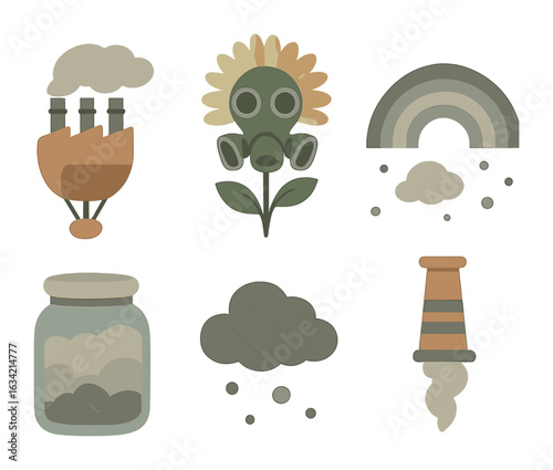 Surreal Pollution Icons. Flat vector mini-illustrations Surreal air pollution imagery in colors children's