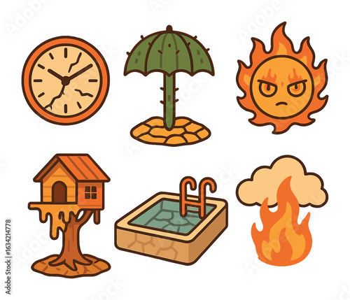 Surreal Drought Icons. Flat vector mini-illustrations Drought and heatwaves in surreal art in colors