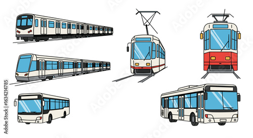 Illustration showing various forms of public transportation including trains trams and buses in a cartoon style