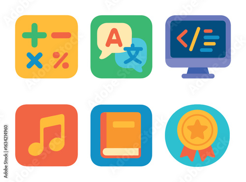 Children's Learning Icons. Flat vector mini-illustrations Learning apps and tools in colors children's