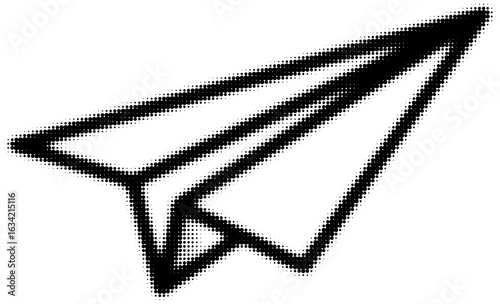 Simple black and white illustration of a paper airplane in a dotted style