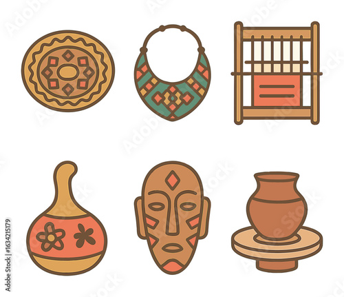Indigenous Craft Icons. Flat vector mini-illustrations Indigenous craft traditions in colors children's
