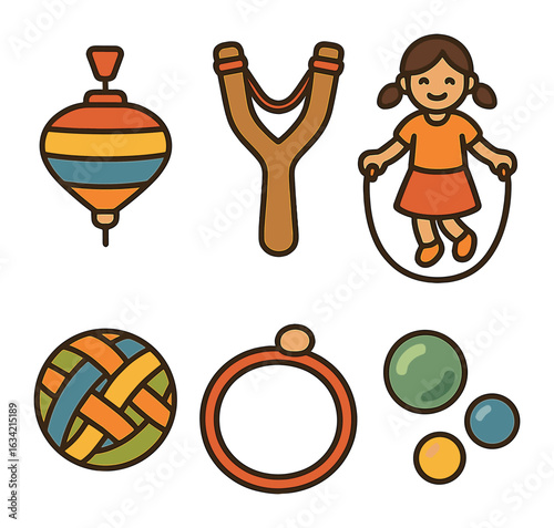 Traditional Children's Games. Flat vector mini-illustrations Traditional games in rural cultures in colors