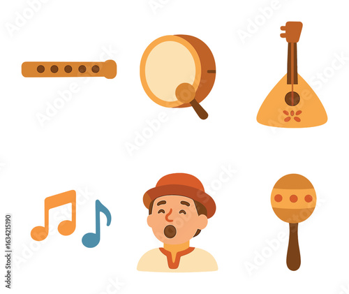 Folklore Musical Instruments. Flat vector mini-illustrations Folk music and instruments in colors children's