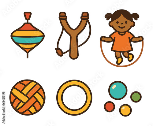 Traditional Children's Games. Flat vector mini-illustrations Traditional games in rural cultures in colors