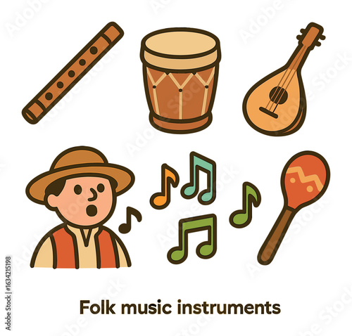 Folklore Musical Instruments. Flat vector mini-illustrations Folk music and instruments in colors children's