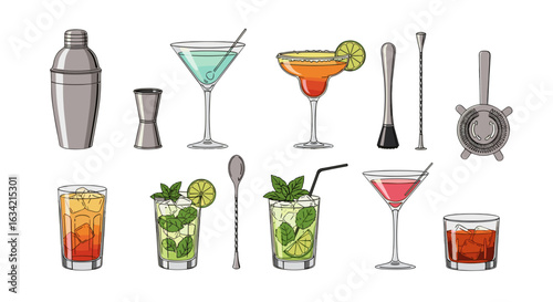 Illustration of various cocktail drinks with different glasses and bar tools arranged on a white background
