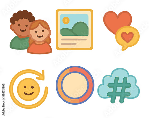 Colorful Icon Grid. Flat vector mini-illustrations User-generated hashtag content in colors children's