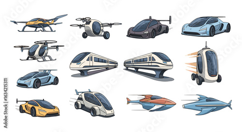 Illustration showing various futuristic transportation methods including cars trains and flying vehicles
