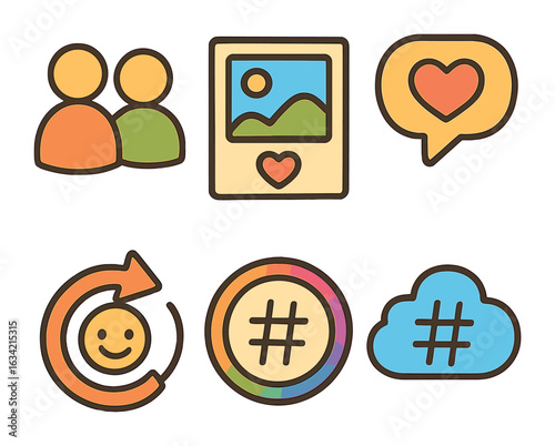 Colorful Icon Grid. Flat vector mini-illustrations User-generated hashtag content in colors children's