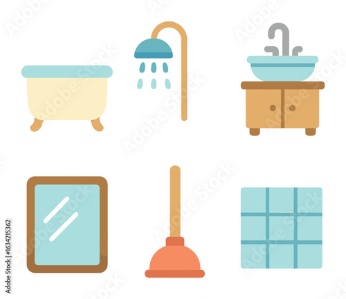 Children's Bathroom Icons. Flat vector mini-illustrations Bathroom upgrade in colors children's illustrations: