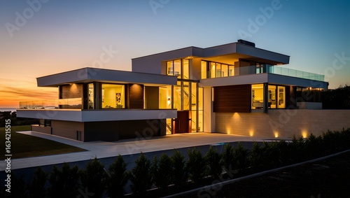 Modern luxury residence illuminated at dusk with ocean view