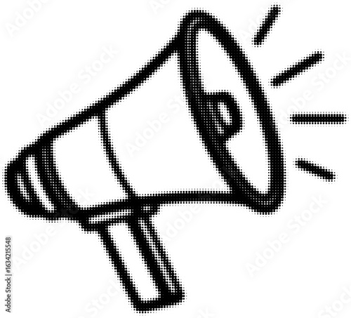 Black and white dotted illustration of a megaphone emitting sound lines
