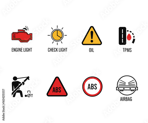 Display of various car warning lights including engine check oil tpms abs airbag and seatbelt icons
