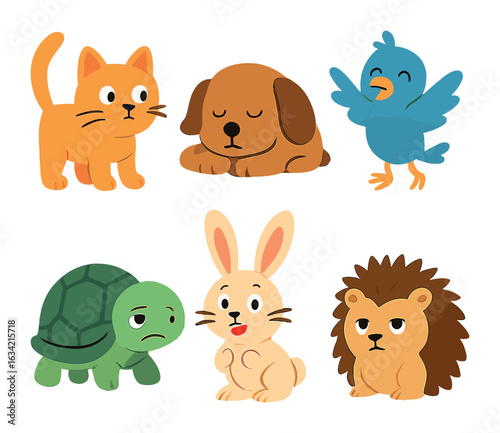 Animal Personalities Grid. Flat vector mini-illustrations Animal personalities and quirks in colors children's