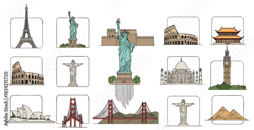 World landmarks illustrations featuring eiffel tower statue of liberty and golden gate bridge drawing art