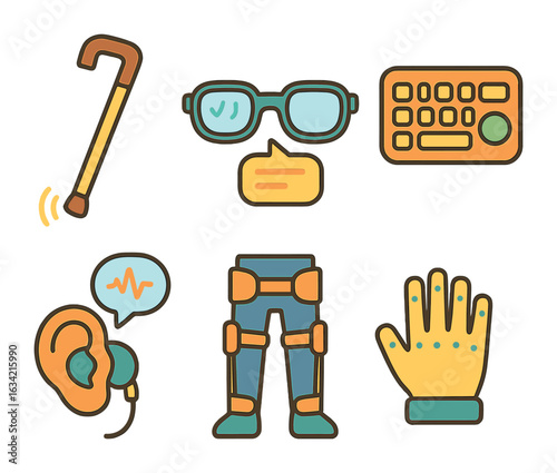 Accessibility Tech Icons. Flat vector mini-illustrations Technology for accessibility in colors children's