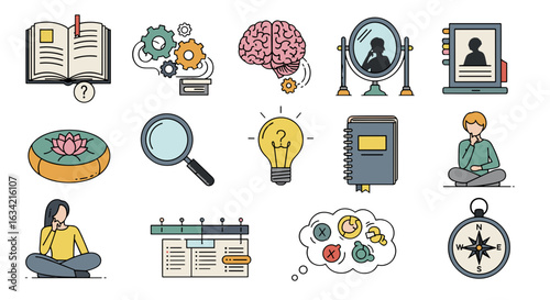 Collection of mental wellness and productivity icons including brain, gears, lightbulb and meditation pose