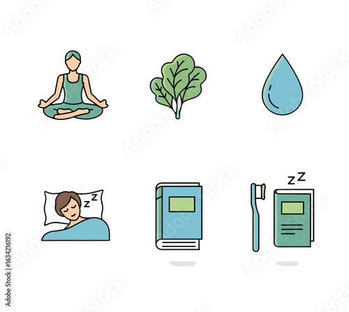 Illustration showing elements of a healthy lifestyle including meditation, diet, sleep, and dental care