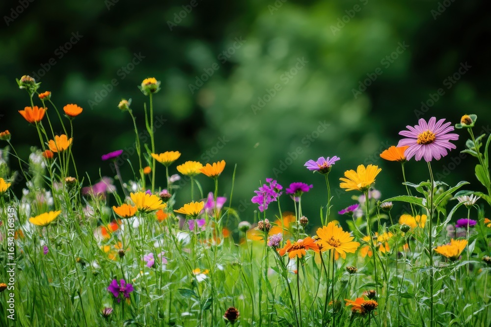 Fototapeta premium Vibrant Summer Meadow Displaying Colorful Wildflowers Blooming in Lush Green Grass on a Sunny Day