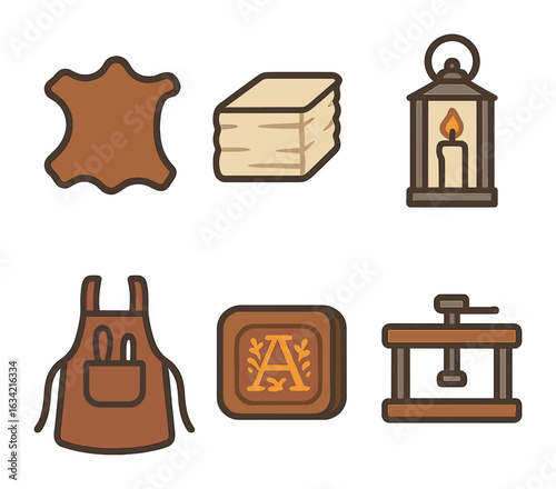 Colonial Bookmaking Icons. Flat vector mini-illustrations Colonial era book production in colors children's