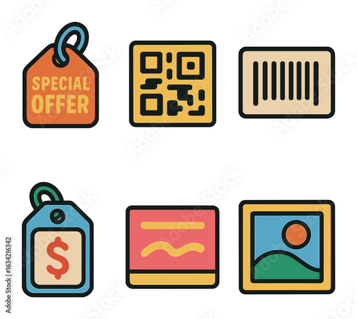Colorful Promotional Icons. Flat vector mini-illustrations Promotional flyer layout in colors children's