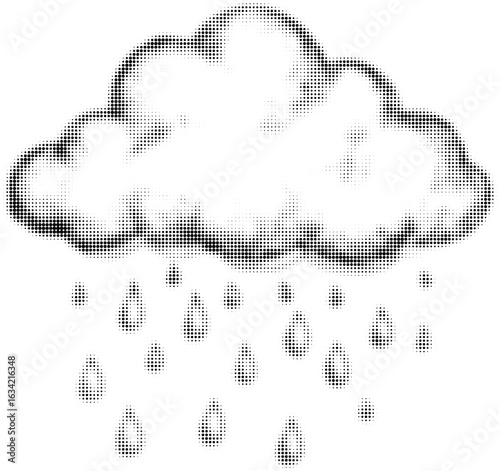 Black and white halftone rain cloud illustration with falling raindrops