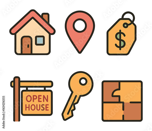 Real Estate Icons. Flat vector mini-illustrations Real estate flyer features in colors children's