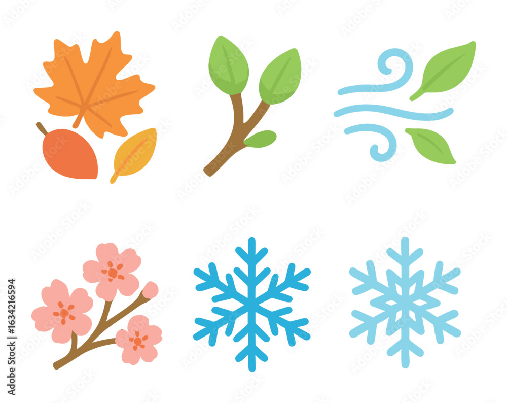 Obraz premium Seasonal Nature Icons. Flat vector mini-illustrations Seasonal nature healing in colors children's