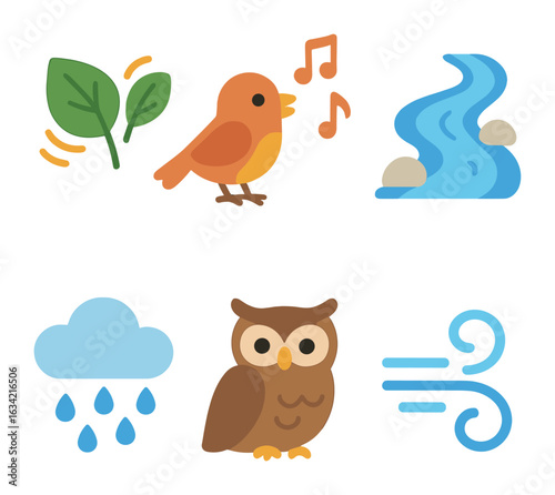 Nature Sounds Icons. Flat vector mini-illustrations Nature sounds therapy in colors children's illustrations: