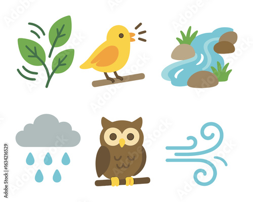 Nature Sounds Icons. Flat vector mini-illustrations Nature sounds therapy in colors children's illustrations: