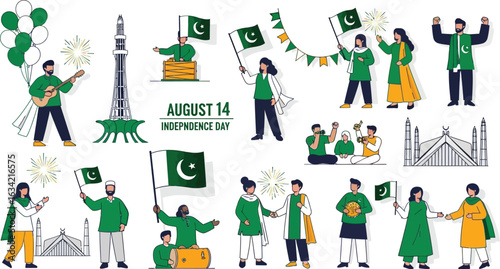 Celebrating pakistan independence day with flags and monuments in a festive illustration