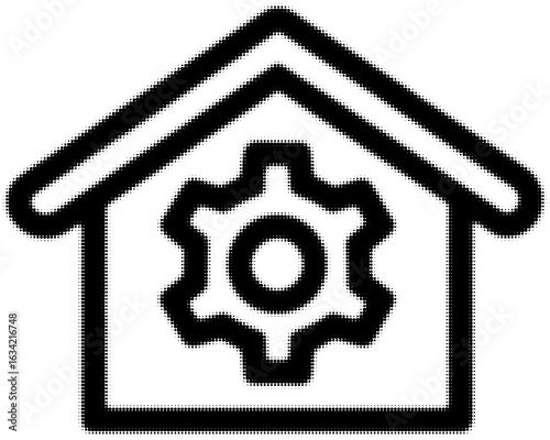 Outline of a house with a central gear symbol inside, representing smart home