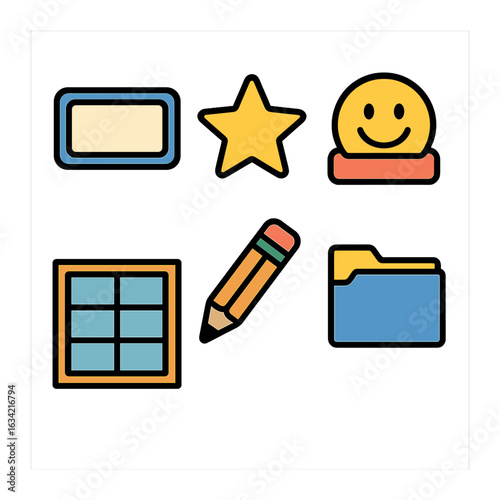 Colorful Desk Icons. Flat vector mini-illustrations Desk labeling elements in colors children's illustrations: